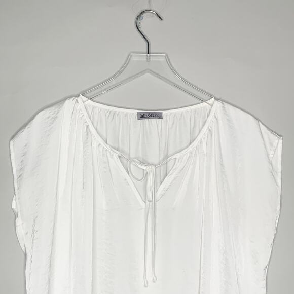 Tutu Lilli S Womens White Tie Neck Satin Short Sleeve Top Pleated - Picture 4 of 8
